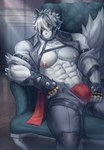 abs anthro biceps black_clothing bulge clothed clothing fur gloves hair handwear harness male muscular muscular_anthro muscular_male nipples one_eye_obstructed pecs red_eyes sitting solo tail topless topless_male topwear underwear white_body white_fur white_hair yukihoshiak mihoyo zenless_zone_zero von_lycaon canid canine canis mammal wolf absurd_res hi_res