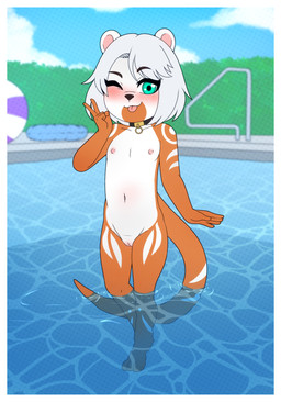 anthro areola arm_markings biped black_nose blush blush_lines brown_body collar collar_only collar_ring countershade_face countershade_torso countershading day eyebrows female flat_chested front_view genitals gesture hair hand_gesture leg_markings loli looking_at_viewer markings multicolored_body navel nipples nude one_eye_closed outside partially_submerged short_hair shoulder_markings solo standing_in_water swimming_pool tail tail_markings thigh_markings tongue tongue_out two_tone_body v_sign vulva water white_body white_countershading white_hair white_markings wink winking_at_viewer young young_anthro young_female gi0 mammal mustelid otter 2025 absurd_res hi_res