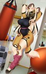 anthro big_breasts black_hair blonde_hair breasts clothing female gym hair leotard mirror pink_hair solo waist_belt sorafoxyteils tavi_(nomdelights) african_wild_dog canid canine mammal 2023 hi_res