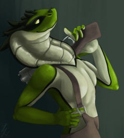 5_fingers anthro apode breasts clothed clothed_anthro clothed_female clothing countershade_accent facial_markings female fingers glistening glistening_body glistening_breasts glistening_eyes green_body gun head_markings holding_object holding_weapon legless markings ranged_weapon serpentine side_view simple_background smile snake_hood solo standing tan_body weapon yellow_eyes hyacinth1971 deadlock_(game) valve vyper_(deadlock) draconcopode naga 2025 absurd_res colored digital_drawing_(artwork) digital_media_(artwork) half-length_portrait hi_res portrait shaded signature