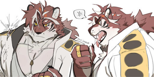 anthro barazoku clothing cross-popping_vein facial_markings hair head_markings jewelry looking_at_viewer male markings muscular muscular_male necklace open_mouth pecs ponytail ring shirt solo stripes teeth tongue tongue_out topwear torn_clothing yawn yellow_eyes uriex felid mammal pantherine tiger hi_res