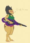 anthro bare_shoulders blush bottomwear clothed clothing dialogue female gun holding_gun holding_object holding_ranged_weapon holding_weapon hotpants plasma_gun ranged_weapon shirt shorts solo tank_top text thick_thighs topwear weapon wide_hips artblush bungie halo_(series) microsoft xbox_game_studios alien kig-yar scalie t'vaoan english_text