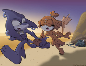 anthro beach biped breasts claws clothing countershade_face countershade_torso countershading discarded_clothing duo featureless_breasts female fin fin_piercing fin_ring forehead_gem furgonomics furry-specific_piercing gem grey_body grey_skin hand_holding happy head_fin jewelry looking_at_another looking_back looking_back_at_another male male/female medium_breasts melee_weapon multicolored_body necklace non-mammal_breasts nude open_mouth open_smile orange_body piercing plantigrade running sharp_teeth smile sunset sword tail tail_fin teeth toe_claws two_tone_body weapon white_body white_countershading white_skin shadowwalk coral_the_betta razor_the_shark betta_(genus) fish gourami marine shark 2026 hi_res