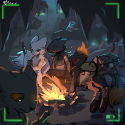 ambiguous_gender anthro backpack bag bandage bandaged_arm bandaged_chest bandaged_foot bandaged_leg black_body black_fur black_sclera blood blue_eyes blue_pupils bodily_fluids breath camera camera_hud camera_overlay campfire cave claws colored_blood crossed_arms crotch_tuft digitigrade dipstick_tail dorsal_fin ears_back eye_scar facial_scar feet fin fluffy fluffy_tail fur gesture group gun hand_gesture handpaw happy hindpaw looking_at_another lying male markings mostly_nude neck_tuft on_ground on_side open_mouth open_smile outside pawpads paws pivoted_ears plant pupils ranged_weapon recording rifle sad scar semi-anthro sitting sitting_on_ground sleeping smile stalactite tail tail_markings tears text tuft unusual_blood unusual_bodily_fluids video_camera weapon white_body white_fur yellow_blood yellow_sclera yellow_tail_tip saturnsamo casualties:_unknown equinox_(saturnsamo) filmy_(saturnsamo) fluor_(saturnsamo) tide_(saturnsamo) canid canine expie_(gunsawian) fox gunsawian hybrid mammal milky_(gunsawian) murid murine rat rodent 2026 dated digital_drawing_(artwork) digital_media_(artwork) hi_res shaded signature story story_in_description