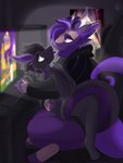 anthro big_tail black_body black_scales blep controller cuddling duo eye_contact femboy fluffy fur holding_onto horn hug looking_at_another male male/male purple_body purple_fluff purple_horn purple_scales scales tail tan_body tan_fur tongue tongue_out alikiwii activision mythology runescape spyro_the_dragon cypher_(cypherdragon) shade_(shadeisgay) dragon mythological_creature mythological_scalie nardoragon scalie 3:4 absurd_res hi_res