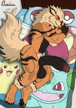 anthro balls bed bedding big_balls big_penis black_penis black_stripes blanket foreskin furniture genitals huge_balls huge_penis lying male nude orange_body paws penis pillow pokeball solo stripes vein veiny_penis cuaine_(artist) nintendo pokemon cuaine_(character) arcanine generation_1_pokemon pokemon_(species) 2025 absurd_res hi_res