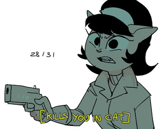 accessory aiming_gun aiming_weapon angry anthro black_eyes fangs female gun hair_accessory hairband handgun holding_gun holding_handgun holding_object holding_pistol holding_ranged_weapon holding_weapon pistol ranged_weapon solo teeth text weapon dbaru nickelodeon t.u.f.f._puppy kitty_katswell domestic_cat felid feline felis mammal 2026 dated english_text