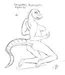 anthro breasts butt feet female humanoid_feet kneeling looking_back nipples nude on_ground open_hands plantigrade solo themanbearpig iguana iguanid lizard reptile scalie monochrome