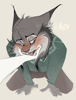 anthro blush claws clothed clothing duo ear_tuft eyebrows facial_markings fluffy fur green_clothing green_sweater green_topwear grey_body grey_fur head_markings kneeling looking_aside male male/male markings narrowed_eyes orange_eyes paws pink_nose simple_background sweater topwear tuft whiskers h_alexxx disney zootopia pawbert_lynxley canada_lynx felid feline lynx mammal hi_res