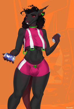 anthro beverage beverage_can big_breasts bottomwear breasts bulge clothed clothing crop_top detailed_bulge genital_outline gynomorph hotpants ineffective_clothing intersex machine penis_outline shirt shorts skimpy soda solo thick_thighs tight_clothing topwear under_boob vending_machine okata mammal murid murine rat rodent absurd_res hi_res