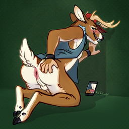 animal_genitalia animal_penis anthro antlers anus balls bodily_fluids bottomless bottomless_anthro bottomless_male brown_body brown_fur butt canine_genitalia canine_penis cellphone clothed clothing cloven_hooves countershade_balls countershade_butt countershade_face countershade_feet countershade_genitalia countershade_tail countershade_torso countershading dripping electronics erection feet fur genital_fluids genitals hat headgear headwear hooves horn kneeling looking_at_viewer looking_back looking_back_at_viewer male male_anthro open_mouth open_smile partially_clothed partially_clothed_anthro partially_clothed_male penis phone pink_penis precum precum_drip presenting presenting_anus presenting_hindquarters raised_tail rear_view smartphone smile solo tail tan_body tan_fur teeth meldritchhorror alice_(melthecannibal) deer mammal 1:1 2019 absurd_res hi_res