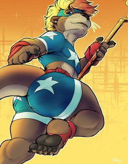 anthro blue_bottomwear blue_clothing blue_eyes blue_pants bottomwear brown_body brown_fur butt claws clothed clothed_anthro clothed_male clothing ear_piercing feet fur hotpants low-angle_view male membrane_(anatomy) otter_tail pants piercing shorts simple_background smile solo staff star_ear_piercing tan_body tan_fur toes webbed_feet webbed_hands whiskers yellow_background pandottermon toma_(pandottermon) 2026 colored dated hi_res signature