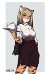 anthro bottomwear clothing costume female holding_object pose serving serving_beverage shirt skirt smile solo teapot topwear waiter waitress_uniform welive felid feline mammal hi_res pinup