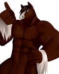 abs anthro brown_body brown_fur brown_hair fur genitals gesture green_eyes hair half-erect hand_gesture hand_on_hip looking_at_viewer looking_down looking_down_at_viewer low-angle_view male muscular navel nipples nude penis simple_background solo standing thumbs_up white_background white_body white_fur stufferzz coal_(stufferzz) clydesdale draft_horse equid equine horse mammal 4:5 hi_res