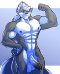 abs anthro balls biceps big_muscles bodily_fluids erection flexing flexing_bicep fluffy fluffy_tail foreskin genital_fluids genitals leaking leaking_precum looking_at_viewer male muscular muscular_anthro muscular_male muscular_thighs nipples obliques partially_retracted_foreskin pecs penis precum smile smirk solo tail vein veiny_penis hyponova canid canine canis mammal wolf 2022 absurd_res hi_res