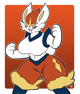 anthro breasts featureless_breasts female red_eyes simple_background small_waist smile solo thick_thighs wide_hips the_k9_empire vulpinecrew nintendo pokemon cinderace generation_8_pokemon lagomorph mammal pokemon_(species) absurd_res hi_res watermark