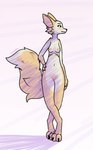 anthro areola big_ears big_tail breasts cheek_tuft crossed_legs facial_tuft feet female fur gloves_(marking) hand_on_hip looking_sideways markings nipples nude simple_background smile solo standing tail tail_markings tattoo toes tuft eledensfw fany_(foxdee) canid canine fennec_fox fox mammal true_fox absurd_res digital_media_(artwork) hi_res shaded simple_shading