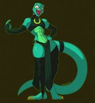 abs anthro armwear bridal_gauntlets clothing female footwear green_body hand_on_hip looking_at_viewer open_mouth sleeves slim socks solo stirrup_socks tail tongue villian yellow_eyes zipper spazman codelizard lizard reptile scalie 2024 digital_media_(artwork) hi_res signature