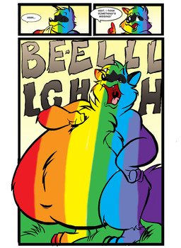 anthro burping color_change dialogue fur grass male multicolored_body multicolored_fur napkin nude_anthro nude_male overweight overweight_anthro overweight_male plant rainbow_body rainbow_fur speech_bubble text weight_gain dutch_(artist) mammal procyonid raccoon 2011 colored comic english_text
