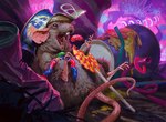 ambiguous_gender beverage_can black_eyes brown_body brown_fur candy cheese container cup dairy_products dessert drinking_straw eating feral food fur jelly_bean lollipop lying melted_cheese notched_ear solo tin_can tongue tongue_out trash filipe_pagliuso hasbro magic:_the_gathering wizards_of_the_coast mammal murid murine rat rodent 2022 hi_res official_art