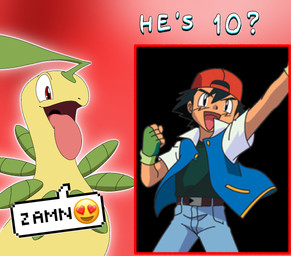 female photo tongue tongue_out bloop284 nintendo pokemon zamn ash's_bayleef ash_ketchum bayleef generation_2_pokemon human mammal pokemon_(species) hi_res meme tagme
