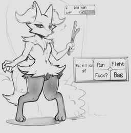 anthro digitigrade dipstick_tail eyelashes female flat_chested front_view genitals grey_background holding_object holding_stick inner_ear_fluff looking_at_viewer markings navel question_mark simple_background solo stick tail tail_markings text thick_thighs tuft vulva wide_hips roofieredd nintendo pokemon braixen generation_6_pokemon pokemon_(species) hi_res