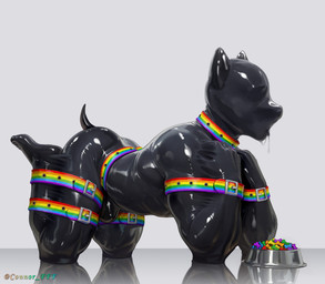 anthro barazoku bdsm biped bitchsuit black_latex bodily_fluids bondage_gear bowl clothing collar container dripping drone drone_hood glistening glistening_body glistening_latex glistening_mask latex latex_clothing latex_skinsuit lgbt_pride male muscular muscular_anthro muscular_male muscular_sub pet_bowl petplay pride pride_color_accessory pride_color_flag pride_colors puppyplay rainbow_straps red_collar roleplay saliva saliva_drip skinsuit solo submissive submissive_anthro submissive_male tail tight_clothing connor_fff canid canine canis domestic_dog mammal absurd_res full-length_portrait hi_res portrait