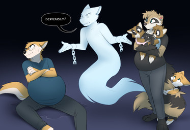 angry anthro belly big_belly crossed_arms curious dialogue eyewear frustrated fur glasses group labor male multiple_pregnancies pouting pregnant pregnant_anthro pregnant_male scared tan_body tan_fur text water_breaking wearing_glasses young young_anthro jailbird griev server_dingo unnamed_character canid canine canis dingo ghost hybrid mammal procyonid raccoon spirit 2026 english_text hi_res