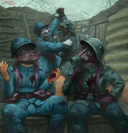 anthro armor blood bodily_fluids box clothing container crate day faceless_character gas_mask headgear helmet male mask open_mouth outside sitting standing surprised uniform panzermask canid canine domestic_cat felid feline felis fox mammal unknown_species hi_res