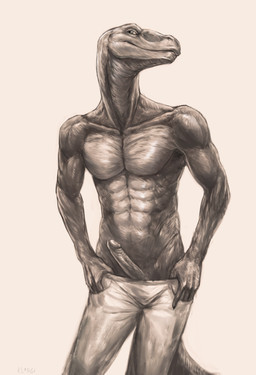 abs anthro athletic claws clothed clothing erection front_view genitals humanoid_genitalia humanoid_penis looking_at_viewer male muscular muscular_anthro nude pecs penis scales simple_background solo standing topless klongi lizard reptile scalie 2015 hi_res monochrome