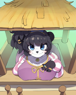 anthro big_breasts black_ears black_hair black_nose blue_eyes breast_rest breasts cleavage clothed clothed_anthro clothed_female clothing detailed_background ear_piercing ear_ring female female_anthro fingers front_view fur hair high-angle_view huge_breasts looking_at_viewer mouth_closed nipple_outline piercing pink_clothing ring_(jewelry) ring_piercing smile solo striped_sleeves white_body white_fur white_sclera abyss_creature_(artist) blizzard_entertainment hearthstone warcraft sea_shill_(hearthstone) bear giant_panda mammal 4:5 absurd_res digital_drawing_(artwork) digital_media_(artwork) hi_res korean_description portrait