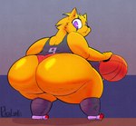 anthro ball basketball_(ball) big_breasts big_butt bottomwear breasts butt cellulite clothing facial_markings female footwear head_markings huge_breasts huge_butt huge_hips huge_thighs looking_at_viewer looking_back markings purple_eyes shirt shoes shorts sneakers socks solo tank_top thick_thighs topwear wide_hips yellow_body plaga parfait_(plaga) tubbs_(plaga) felid mammal pantherine tiger 2023 hi_res