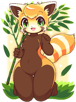 anthro bamboo blush breasts brown_body brown_fur featureless_breasts female female_anthro fur green_eyes head_tuft holding_object kemono kneeling leaf looking_at_viewer markings multicolored_body multicolored_fur orange_body orange_fur small_breasts solo stripes thick_thighs tuft two_tone_body two_tone_fur whiskers white_markings wide_hips takiune_(pixiv) ailurid mammal red_panda 2020 3:4 aliasing digital_media_(artwork) full-length_portrait low_res portrait