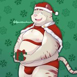 anthro belly bulge christmas_clothing christmas_headwear clothing hat headgear headwear holidays kemono male moobs nipples open_mouth overweight overweight_male pink_nose santa_hat solo underwear spacepanda christmas felid mammal pantherine tiger 1:1 2024 hi_res