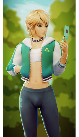 black_bottomwear black_clothing black_pants blonde_hair blue_eyes bottomwear bulge clothed clothing colored_nails crop_top ear_piercing ear_ring electronics femboy fully_clothed green_clothing green_jacket green_topwear hair humanoid_pointy_ears jacket male nails navel neckwear not_furry pants phone piercing plant pointy_ears ring_piercing shirt sky solo standing topwear tree fugtrup nintendo the_legend_of_zelda link humanoid hylian 2023 3d_(artwork) digital_media_(artwork) hi_res