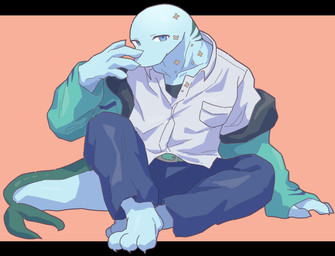 3_toes anthro belt blue_body blue_bottomwear blue_clothing blue_hoodie blue_pants blue_topwear bottomwear clothing feet fin hand_on_ground hoodie looking_at_viewer male pants plantigrade shirt simple_background sitting solo tail tail_fin toes topwear white_clothing white_shirt white_topwear suna_sand1 laru_mine aquatic fish shark