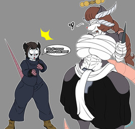 abs anthro bandage bandaged_eye big_breasts breasts clothing duo female fur hair male mature_anthro mature_female muscular muscular_female pose speech_bubble tail text thick_thighs white_body white_fur wide_hips destiny's_art jujutsu_kaisen amelia_(omegamax) horn_(omegamax) mahoraga megumi_fushiguro american_opossum mammal marsupial digital_media_(artwork) english_text hi_res mother_(lore) parent_(lore) son_(lore)