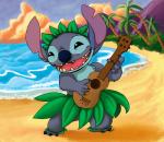 4_fingers arm_tuft beach black_eyes blue_body blue_claws blue_fur blue_nose chest_tuft claws elbow_tuft fingers fur grass_skirt happy head_tuft holding_musical_instrument holding_object lute mountain musical_instrument narrowed_eyes notched_ear open_mouth open_smile palm_tree plant plucked_string_instrument sea seaside smile solo squint string_instrument tree tropical tuft ukulele water inuibuki disney lilo_and_stitch stitch_(lilo_and_stitch) alien experiment_(lilo_and_stitch) 2013 digital_media_(artwork) signature