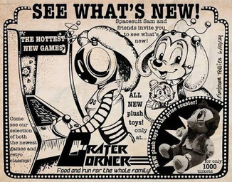 anthro arcade arcade_machine astroid_al bowler_hat clothing fake_ad fake_advertisement female group hat headgear headwear machine male plushie retro spacesuit_sam text trio funtownfollies crater_corner r0v3r avian bird canid canine chicken galliform mammal phasianid robot english_text