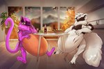 anthro anthro_pred appliance belly big_belly claws duo fur kitchen kitchen_appliance long_tail machine male meal paws pink_body pink_fur purple_body purple_fur red_eyes tail toaster vore cmitchell canid canine canis mammal protogen wolf hi_res