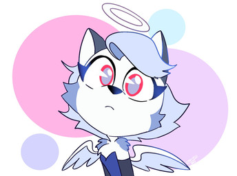 anthro back_wings blue_hair feathered_wings feathers female fur grey_body grey_fur hair halo looking_at_viewer red_eyes simple_background solo white_body white_fur wings young emositecc hellaverse helluva_boss loona_(helluva_boss) angel canid canid_angel canine cherub mammal colored hi_res
