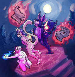 anthro assisted_exposure bovid_horn breasts butt caprine_horn clothing discarded_clothing embarrassed female genitals goat_horn group hair holding_clothing holding_object holding_underwear hooves horn long_hair magic male moon night nipples nude outside paws penis plant restrained ritual runes stripped_by_magic tree underwear undressing_spell wings draconicmentalist baphie_(pastelgoath) randochris_(character) stoker_bramwell bat bovid caprine cougar felid feline goat mammal vampire