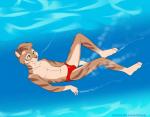 adolescent anthro brown_body brown_fur brown_nose bulge clothing cute_fangs fangs fur green_eyes male navel red_clothing red_speedo red_swimwear solo speedo swimwear teeth underwater water young shiuk alex_maxwell felid mammal prehistoric_species saber-toothed_tiger hi_res