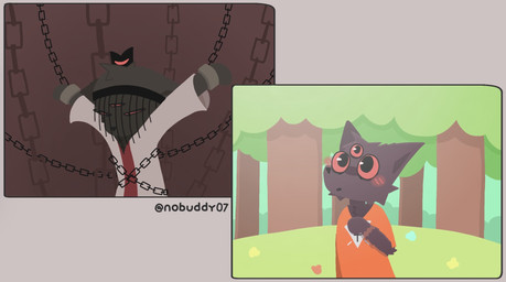 3_eyes ambiguous_gender anthro arm_scar black_body black_fur black_nose blush bound chain cloak clothing crown cuff_(restraint) flower frown fur grass hanging_by_arms headgear looking_up multi_eye plant red_clothing red_eyes red_sclera restraints robe scar scowl solo standing surprised tree veil white_cloak white_clothing wide_eyed wrist_cuffs wrist_scar nobuddy cult_of_the_lamb massive_monster_(studio) narinder red_crown_(cult_of_the_lamb) the_one_who_waits domestic_cat felid feline felis mammal hi_res
