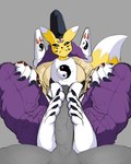 anthro claws clothed clothing duo feet female foot_fetish foot_play footjob fur grey_body male male/female sex toe_claws white_body white_fur yellow_body yellow_fur dottfeet bandai_namco digimon canid canine digimon_(species) fox humanoid mammal taomon 4:5 hi_res