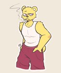 anthro bottomwear cigarette clothing fur hand_in_pocket male pants pockets purple_eyes shirt smoking solo tank_top topwear yellow_body yellow_fur mikifluffs unicorn_wars coco_(unicorn_wars) bear mammal