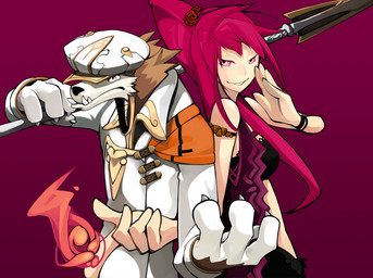 anthro back_to_back bracelet cape clothed clothing duo fangs female fire flat_cap fully_clothed grey_eyes hair hat headgear headwear holding_object holding_weapon jewelry looking_at_viewer magic magic_user male melee_weapon pink_background pink_eyes pink_hair polearm pose pupils side_view simple_background slit_pupils snout spear teeth underbite uniform weapon vu06 canid canine canis human mammal wolf half-length_portrait portrait