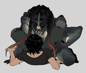 assertive_humanoid assertive_male black_eyes black_hair clothed clothed/nude clothed_human clothing duo female female_human female_on_humanoid hair hand_on_hair hand_on_leg hand_on_tentacle hand_on_thigh human_on_humanoid imminent_sex interspecies kneeling legs_up light_body light_skin lying male male/female male_humanoid male_on_human mandibles muscular muscular_humanoid muscular_male not_furry nude nude_humanoid nude_male on_back open_mouth pseudo_hair sharp_teeth shirt short_hair simple_background t-shirt teeth tentacle_hair tentacles topwear xenophilia leafjuly predator_(franchise) alien alien_humanoid human humanoid mammal yautja colored hi_res