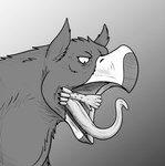 almost_fully_inside ambiguous_gender ambiguous_prey anthro anthro_prey beak duo feral feral_pred male oral_vore partially_inside tongue tongue_out vore thatgryphonguy mythology grayffo avian gryphon mythological_avian mythological_creature greyscale monochrome