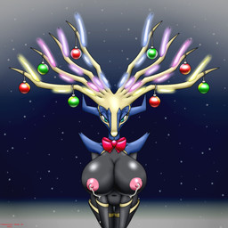 anthro antlers areola baubles bent_over big_breasts bodily_fluids bow_ribbon breasts christmas_decorations christmas_ornament dripping_milk female holidays horn lactating leaking_milk looking_at_viewer milk milk_drip milk_leaking navel nipples ornament solo chameloshi christmas nintendo pokemon cervine deer generation_6_pokemon legendary_pokemon mammal pokemon_(species) xerneas xerneas_(active_mode) 1:1 hi_res